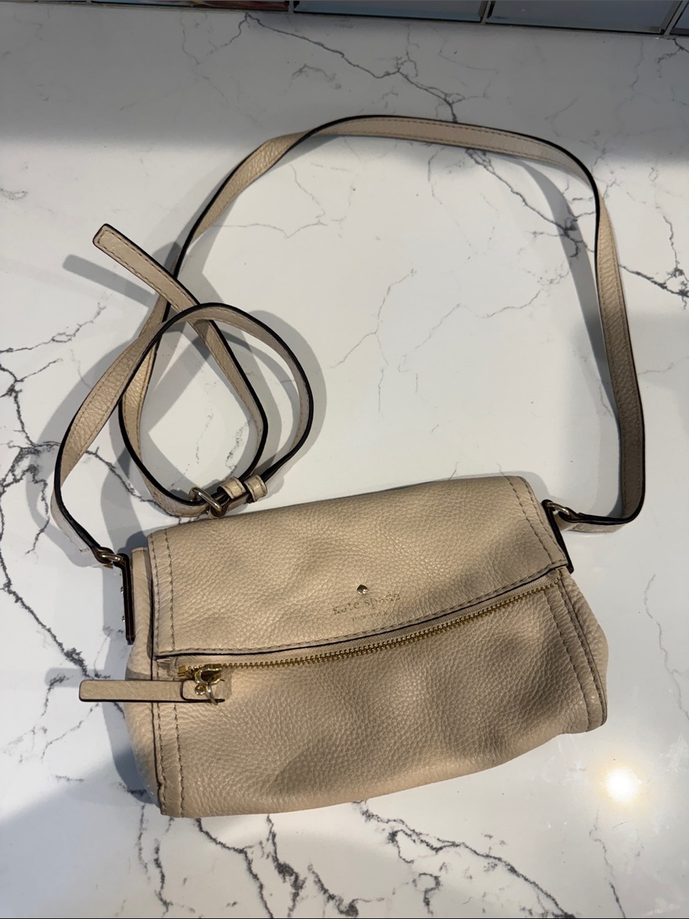 Kate Spade Pebble Leather Beige Crossbody Bag with Gold Hardware